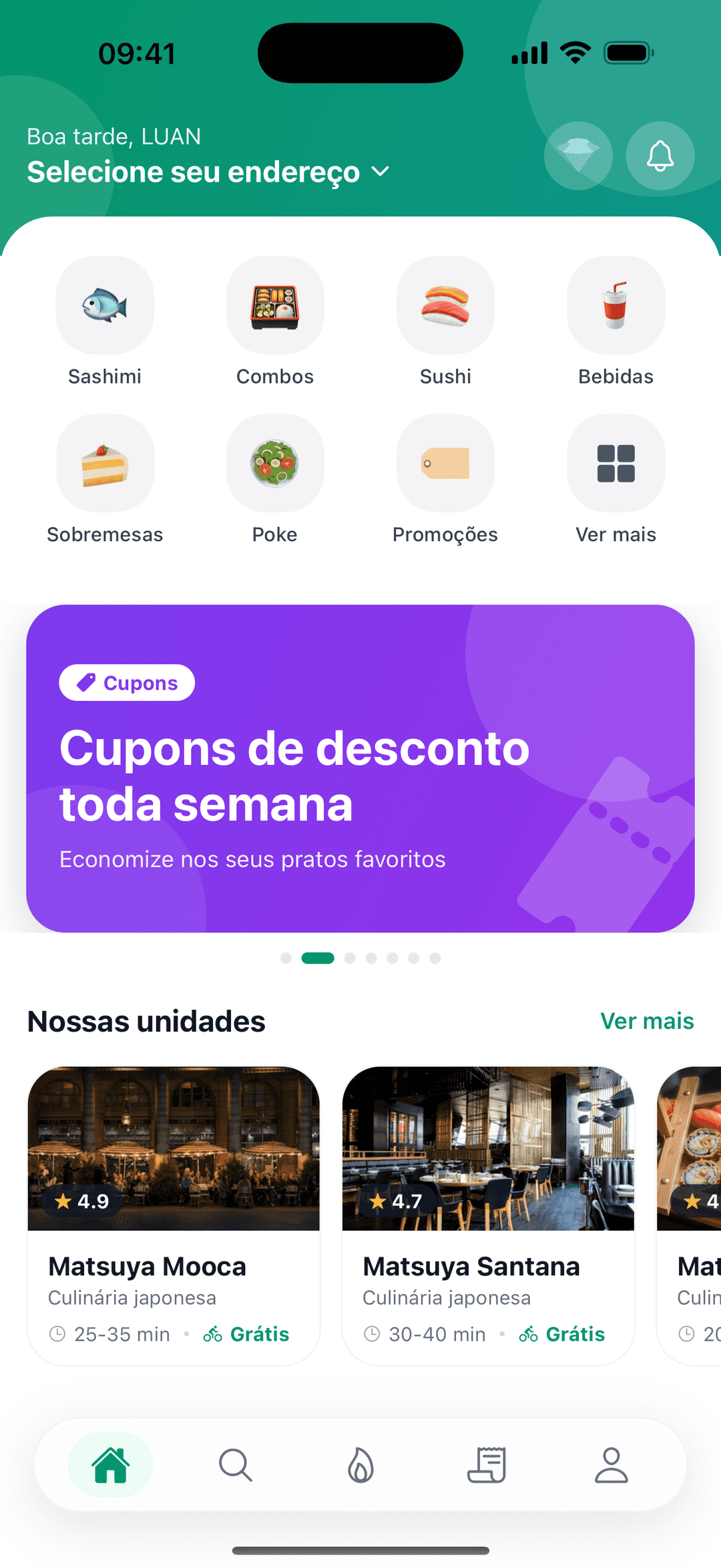 Tela inicial do delivery da Matsuya com categorias e ofertas
