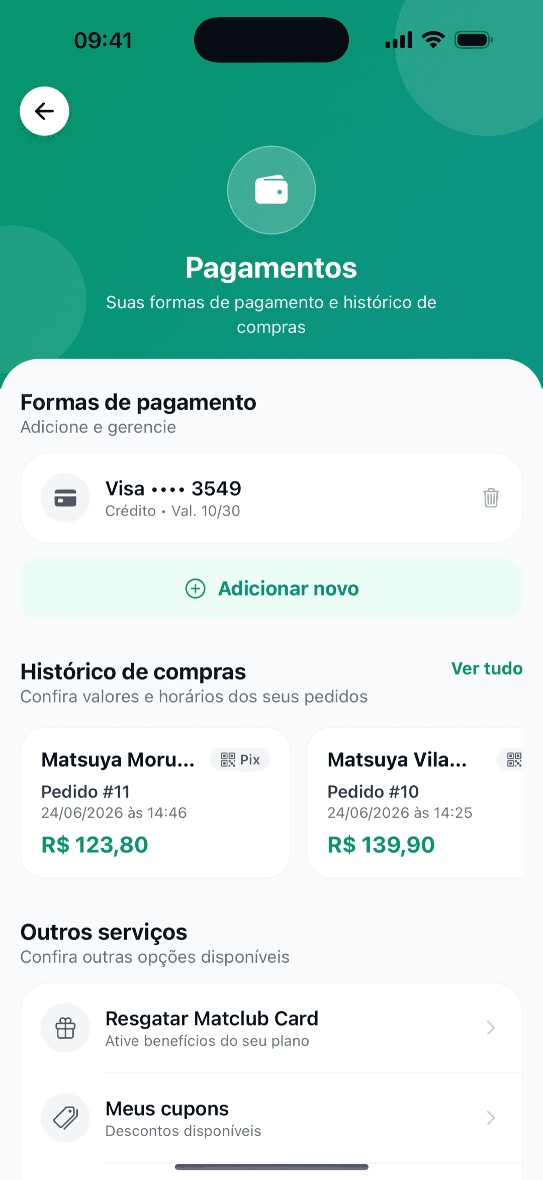 Formas de pagamento salvas no delivery, com o histórico de compras abaixo