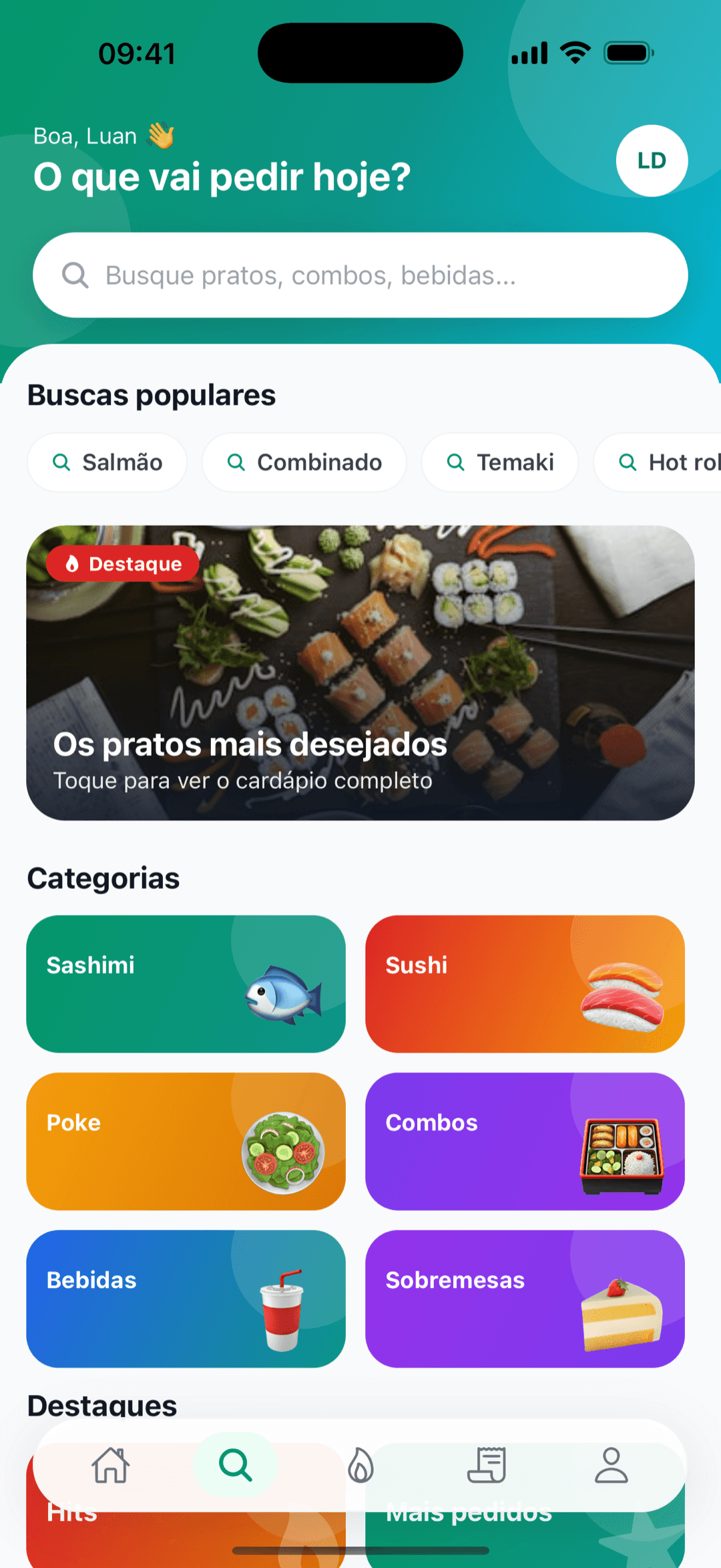 Busca do delivery da Matsuya com buscas populares e o grid de categorias