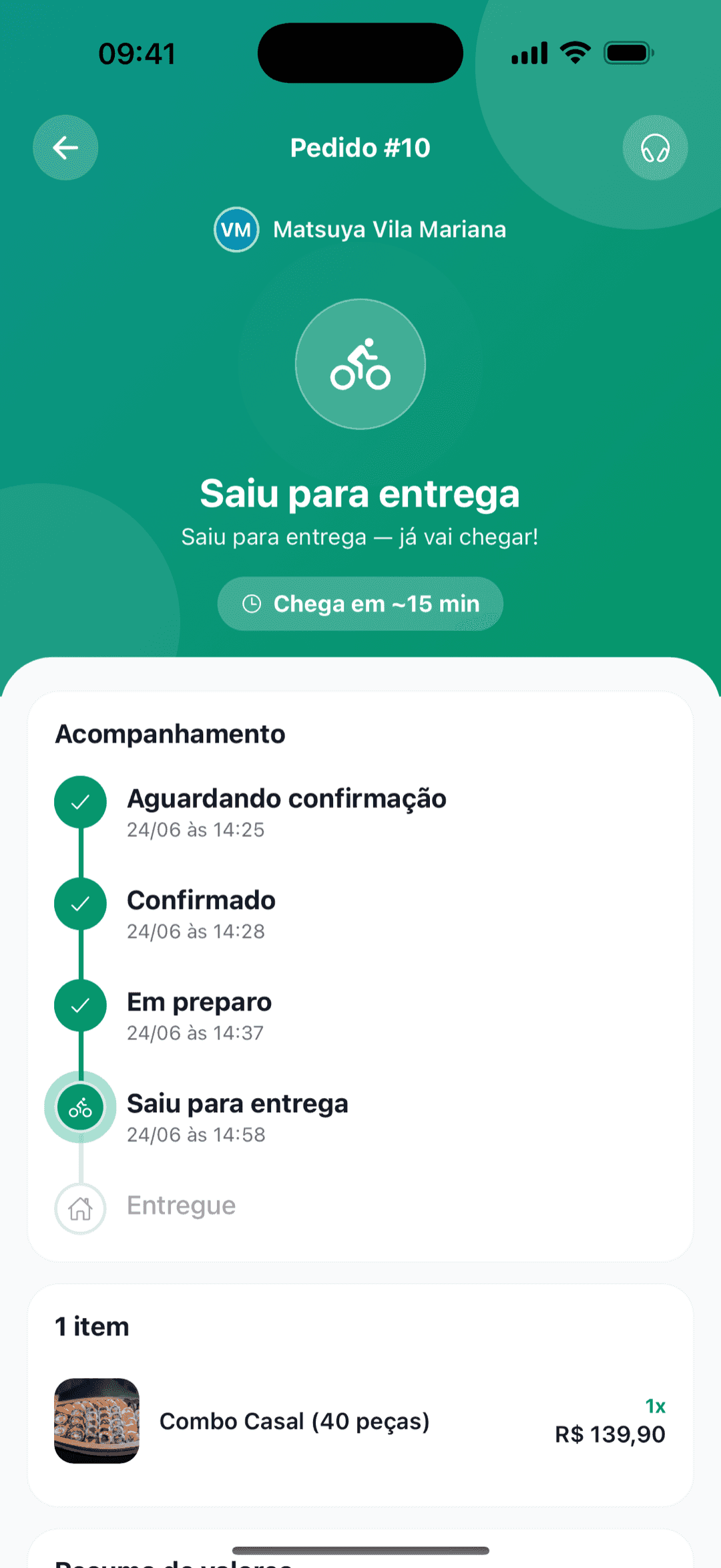 Acompanhamento do pedido em tempo real, com o pedido a caminho e a linha do tempo das etapas