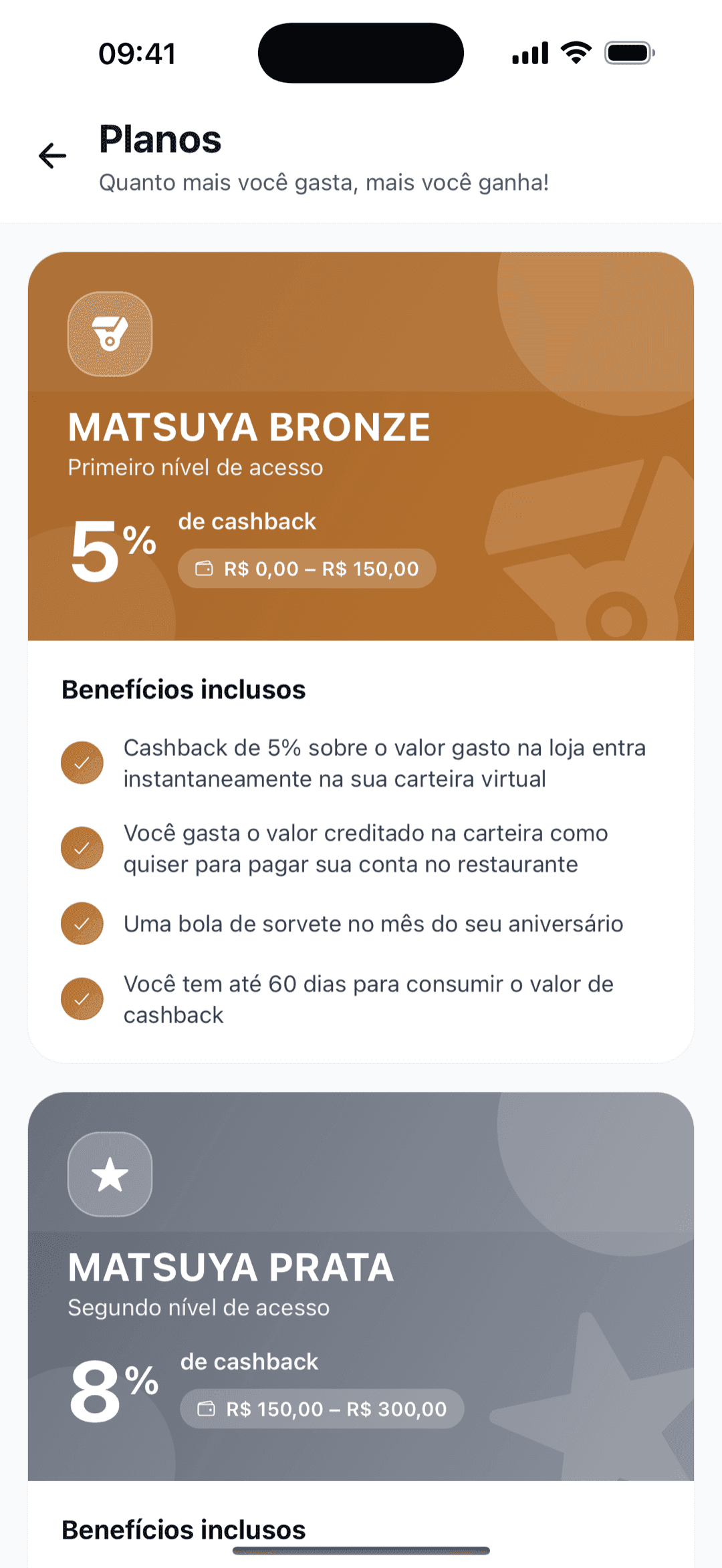 Tela de planos do Matclub com os níveis Bronze e Prata e o cashback de cada um