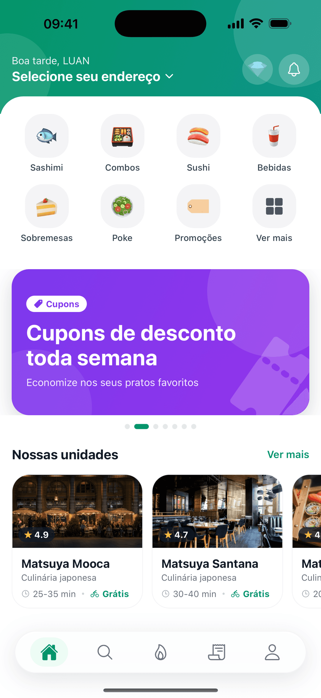 Tela inicial do delivery da Matsuya com categorias e ofertas
