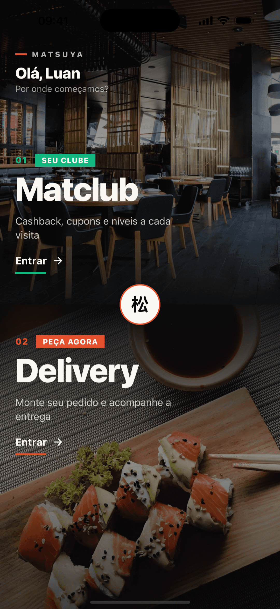 Tela de escolha entre Matclub e Delivery