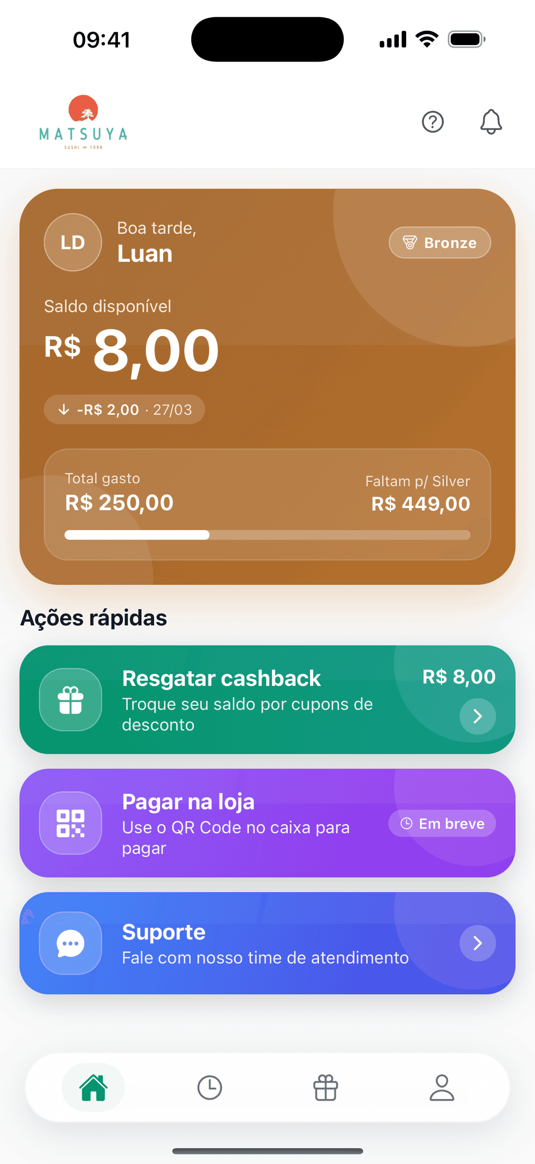 Tela inicial do Matclub mostrando o saldo de cashback e o nível do usuário